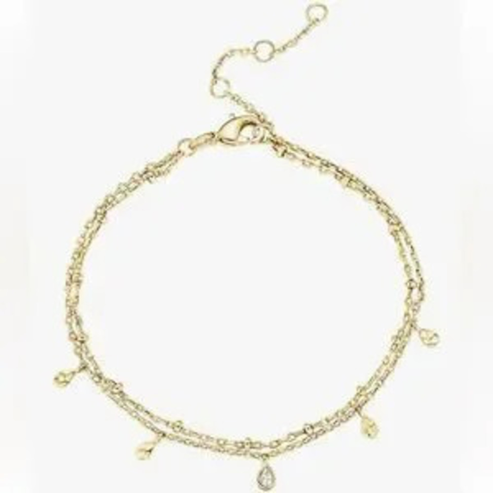 NEW?14K Gold Plated Beaded Bracelet With CZ Teardrop Charms